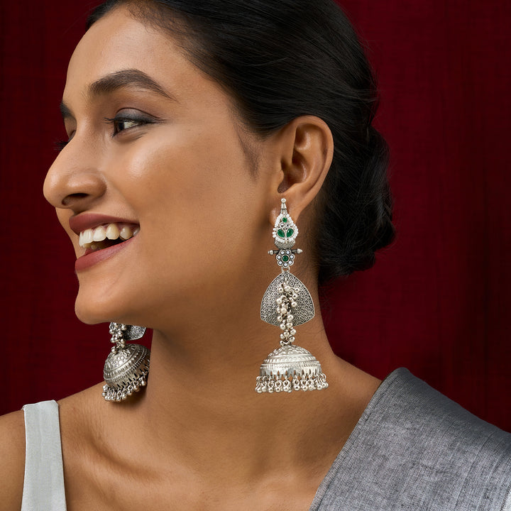 Teejh Dvi Silver and Green Ghungroo Jhumkas