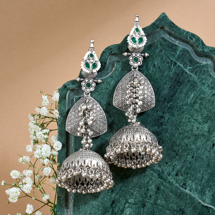 Teejh Dvi Silver and Green Ghungroo Jhumkas
