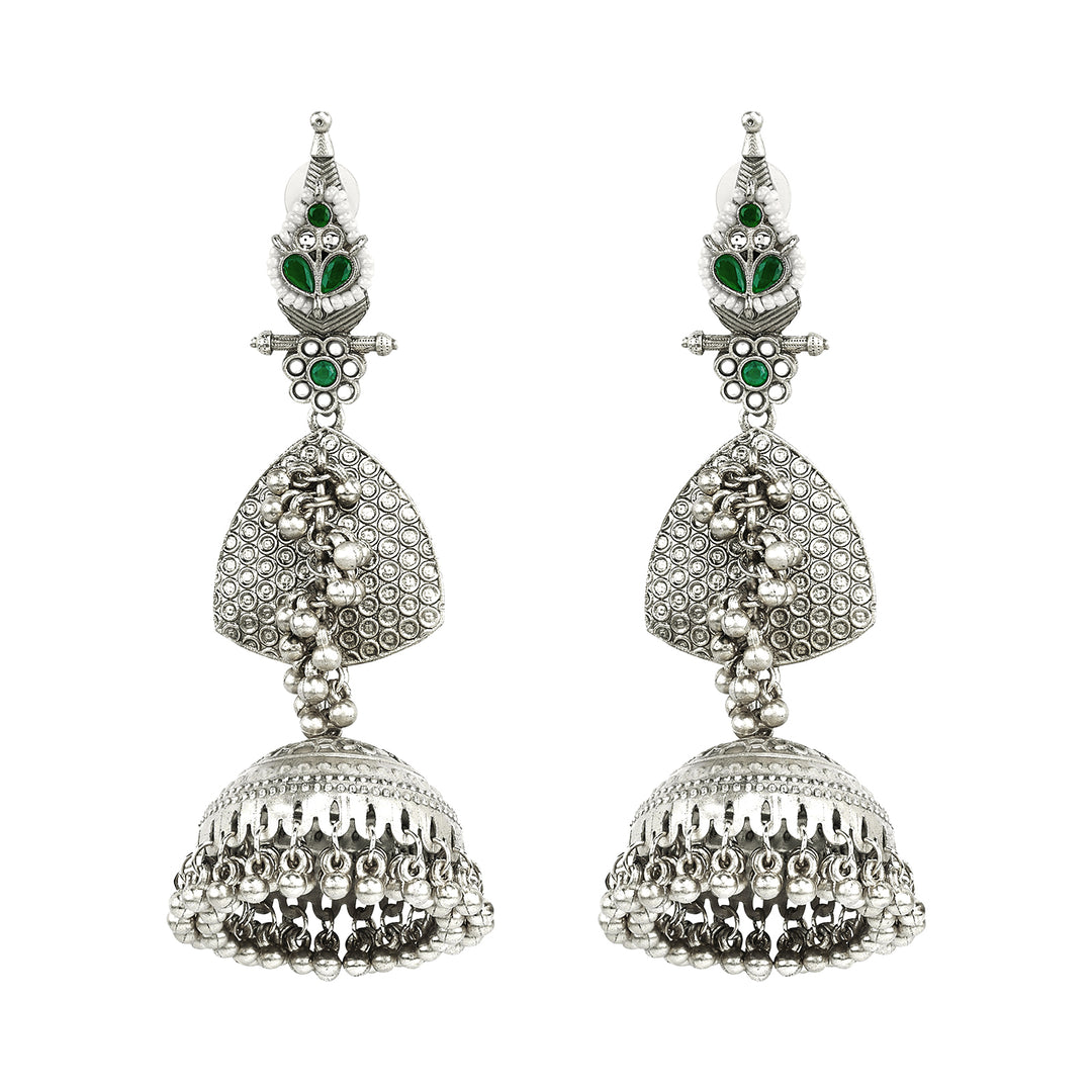 Teejh Dvi Silver and Green Ghungroo Jhumkas