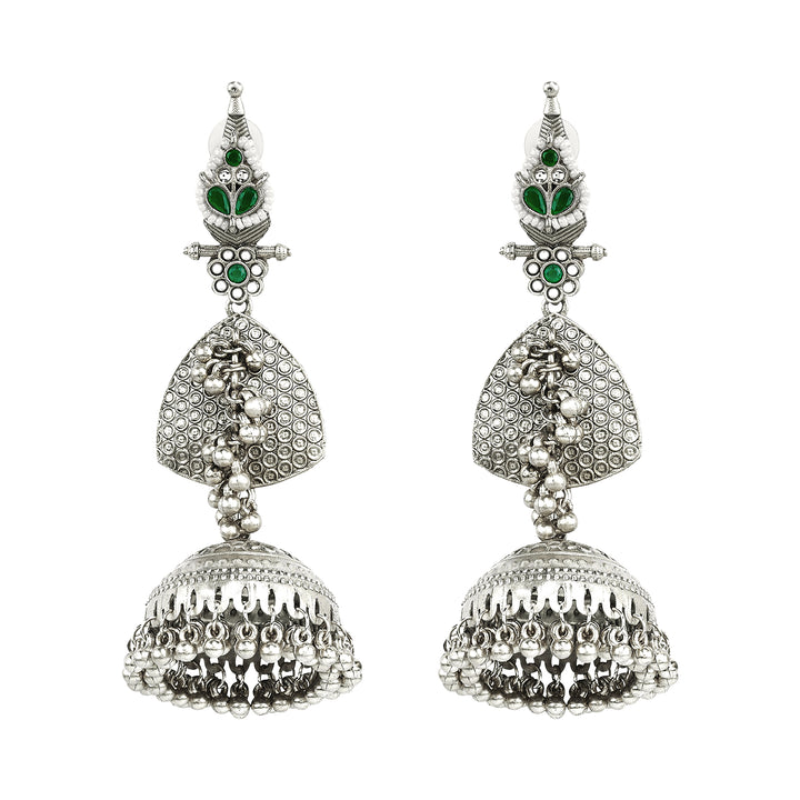 Teejh Dvi Silver and Green Ghungroo Jhumkas