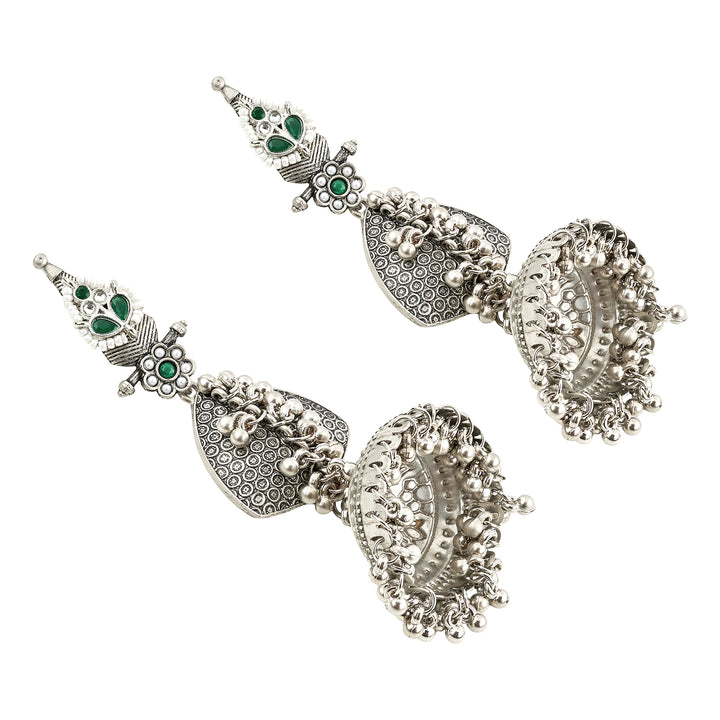 Teejh Dvi Silver and Green Ghungroo Jhumkas