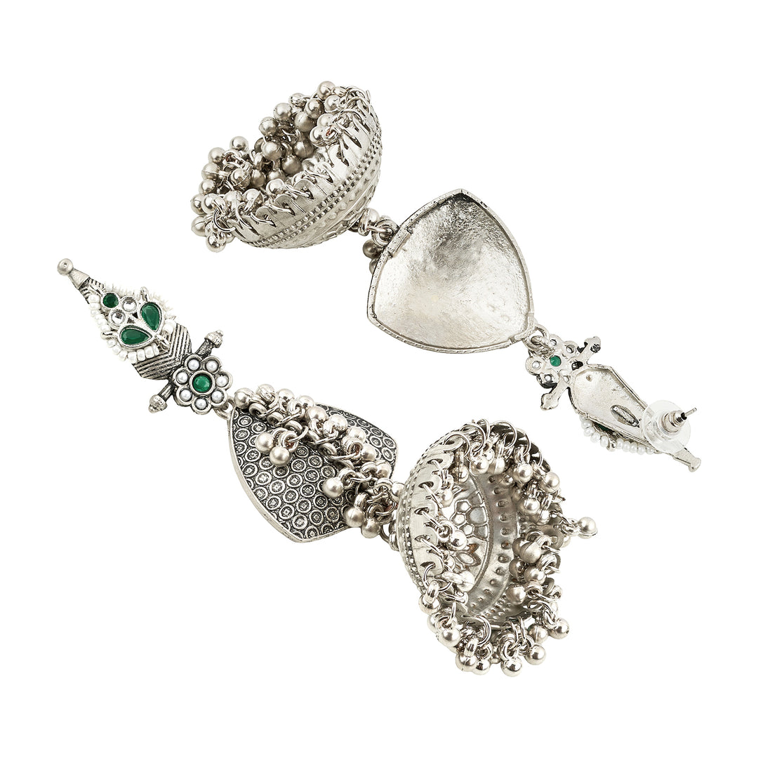 Teejh Dvi Silver and Green Ghungroo Jhumkas