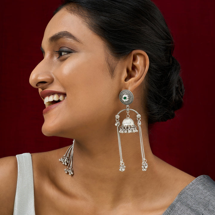 Teejh Dohra Silver and Green Ghungroo Jhumkas