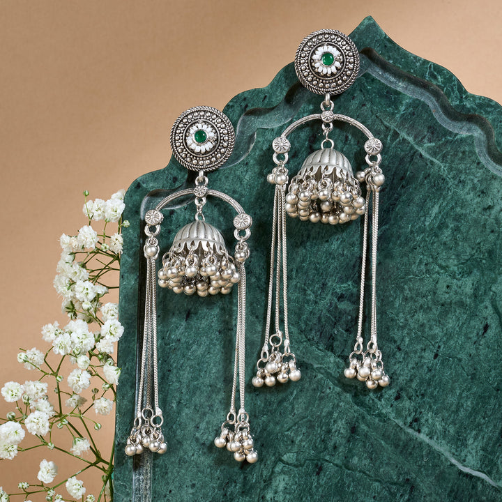 Teejh Dohra Silver and Green Ghungroo Jhumkas