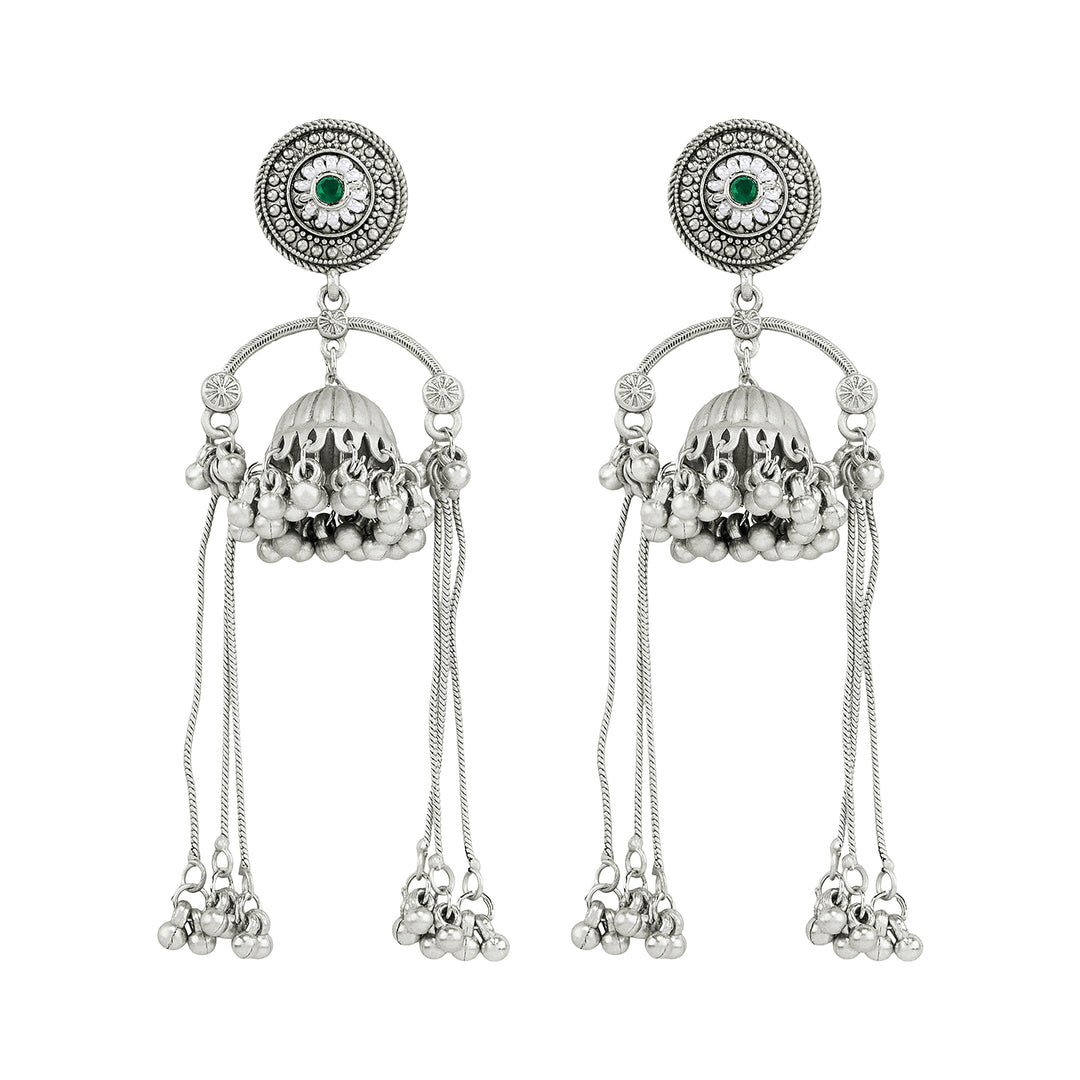 Teejh Dohra Silver and Green Ghungroo Jhumkas