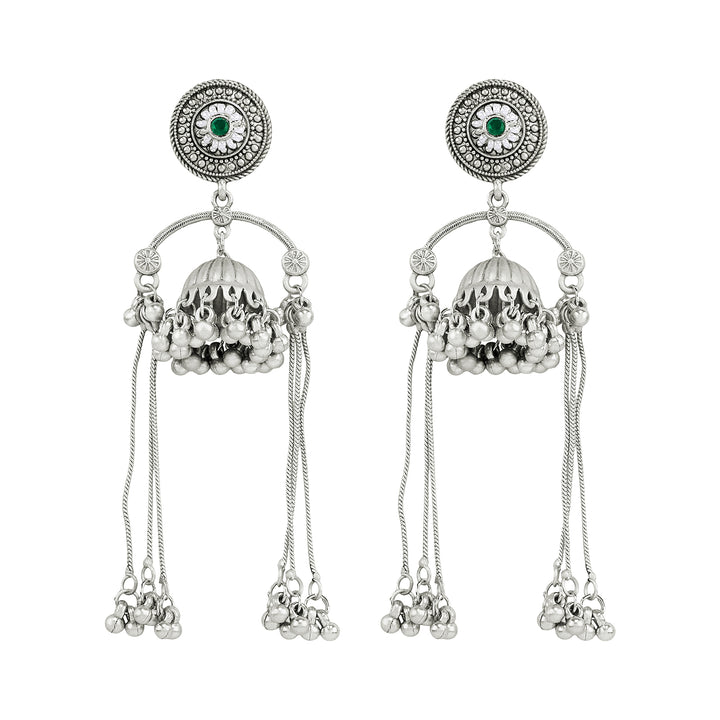 Teejh Dohra Silver and Green Ghungroo Jhumkas