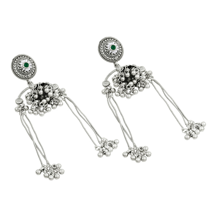 Teejh Dohra Silver and Green Ghungroo Jhumkas