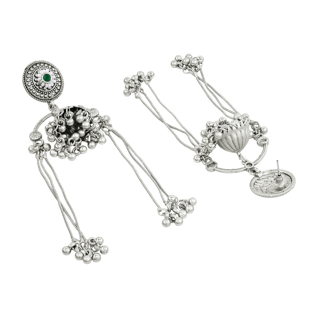 Teejh Dohra Silver and Green Ghungroo Jhumkas