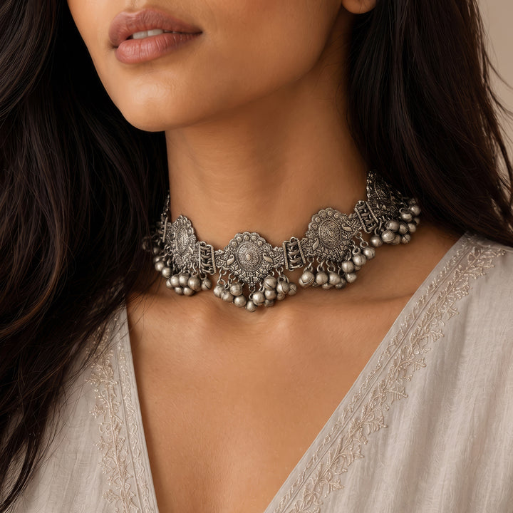 Teejh Anvika Silver Oxidised Ghungroo Necklace