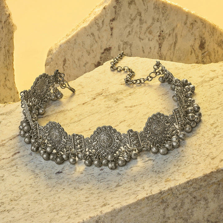 Teejh Anvika Silver Oxidised Ghungroo Necklace