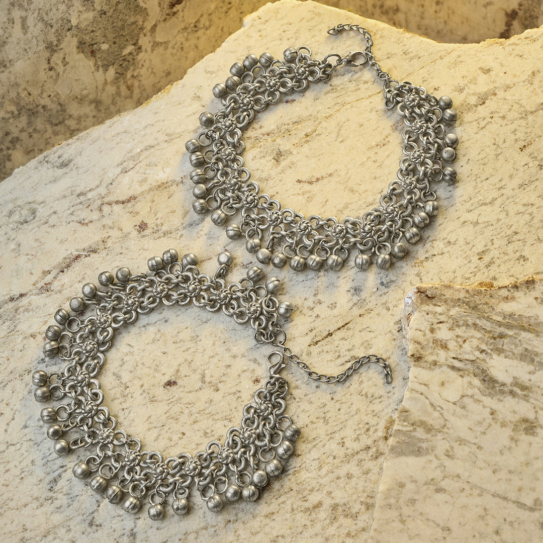 Teejh Liyara Silver Oxidised Ghungroo Anklet