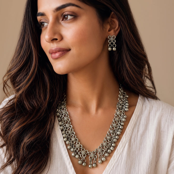 Teejh Charvya Silver Oxidised Ghungroo Necklace Set