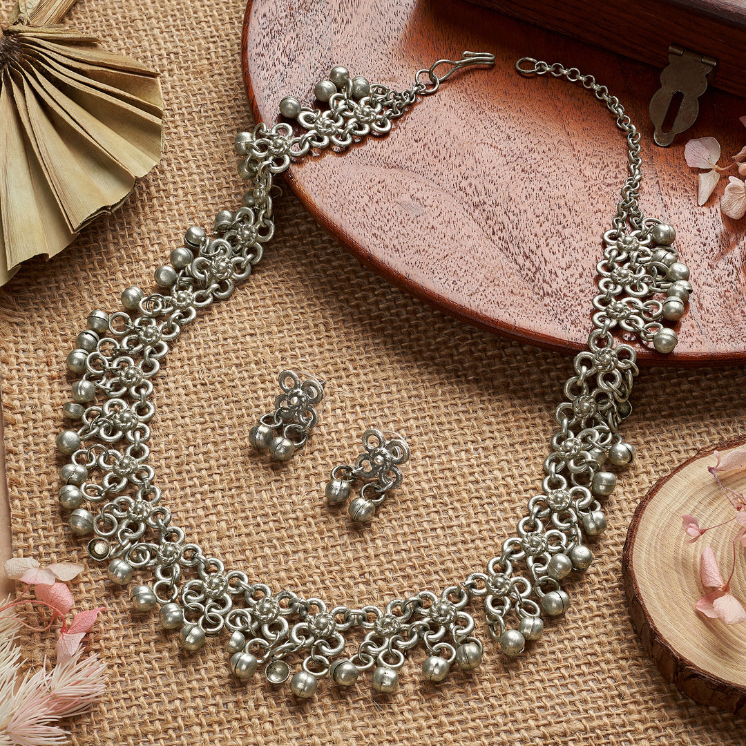 Teejh Charvya Silver Oxidised Ghungroo Necklace Set