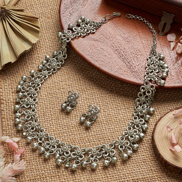 Teejh Charvya Silver Oxidised Ghungroo Necklace Set