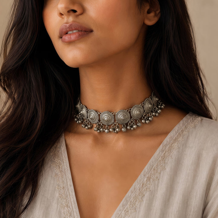 Teejh Eiraani Silver Oxidised Ghungroo Necklace