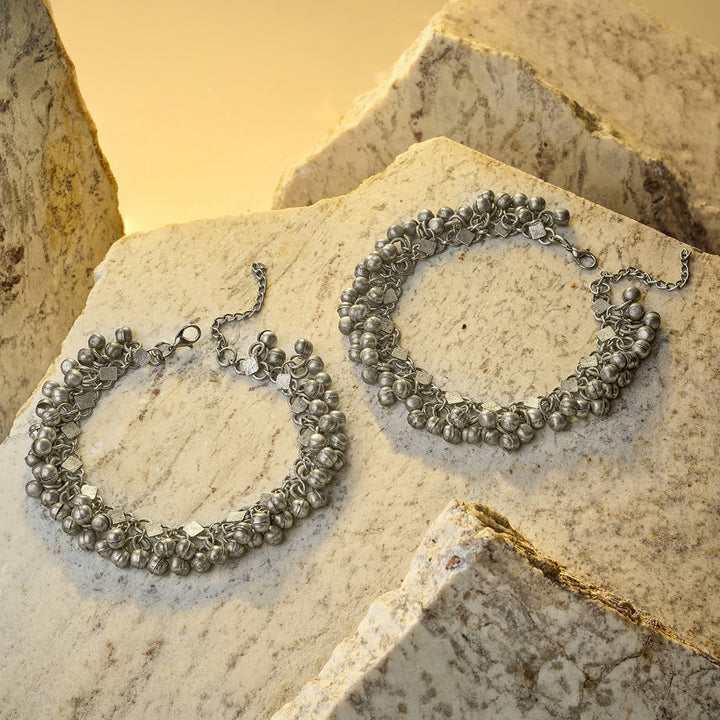 Teejh Liyara Silver Oxidised Ghungroo Anklet