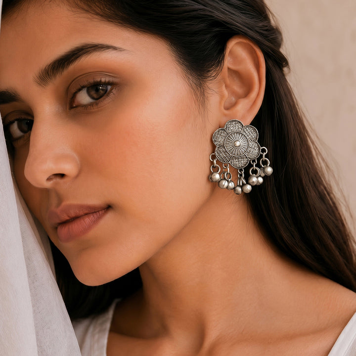 Teejh Neyara Silver Oxidised Ghungroo Earrings