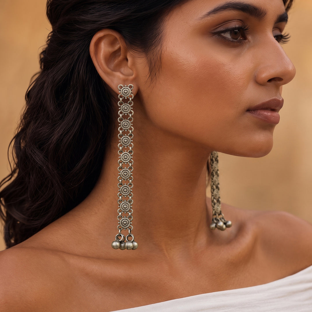 Teejh Medha Silver Oxidised Ghungroo Earrings