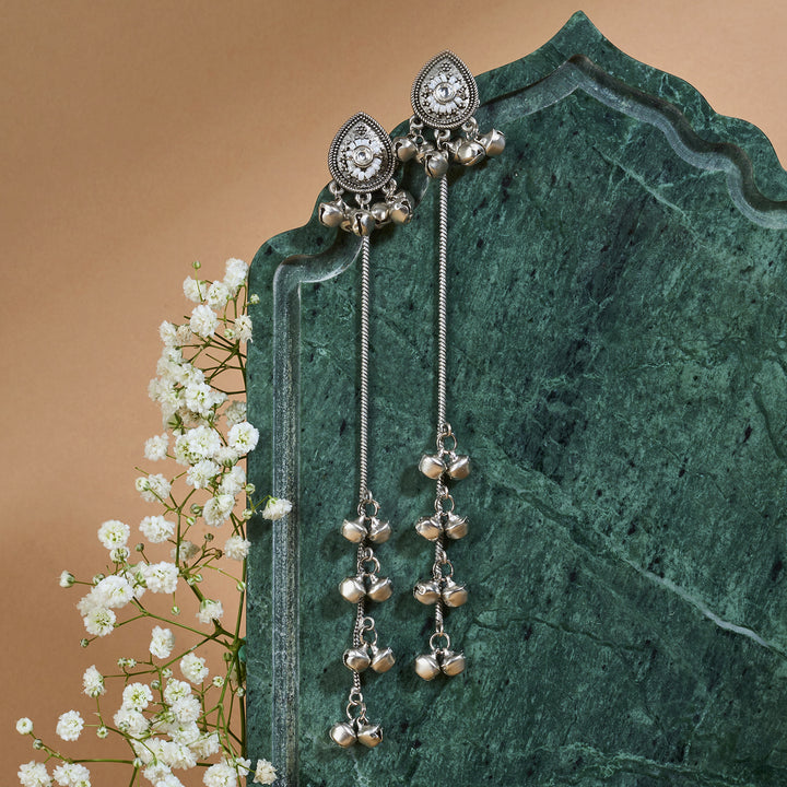Teejh Begh Silver and White Ghungroo Danglers