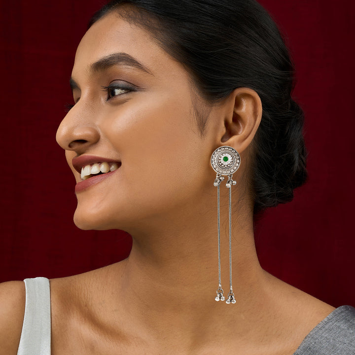 Teejh Yember Silver and Green Ghungroo Chandbali