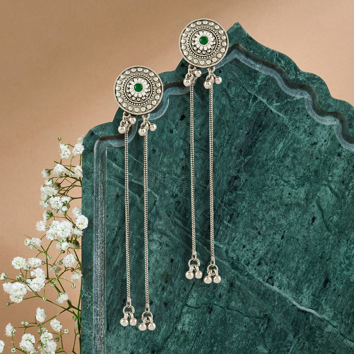 Teejh Yember Silver and Green Ghungroo Chandbali