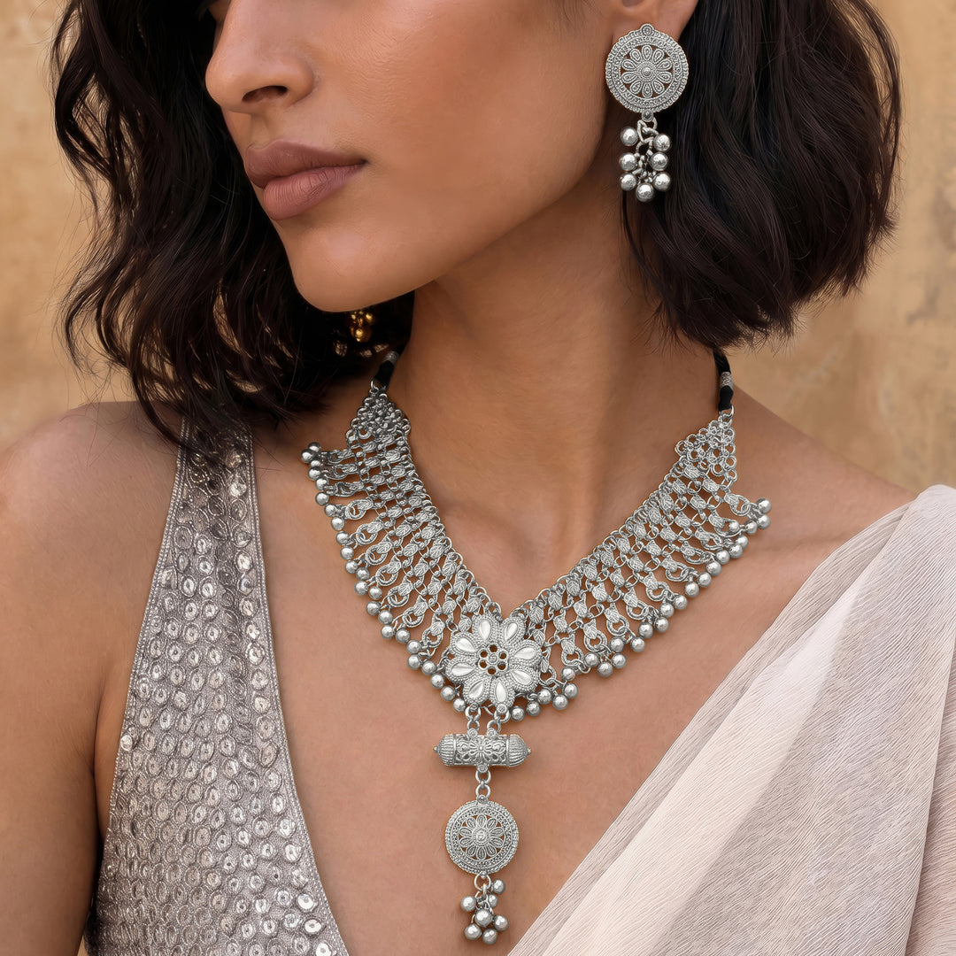 Teejh Taal Silver Oxidised Ghungroo Necklace Set