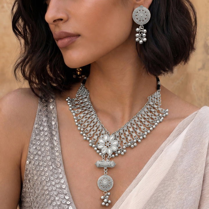 Teejh Taal Silver Oxidised Ghungroo Necklace Set
