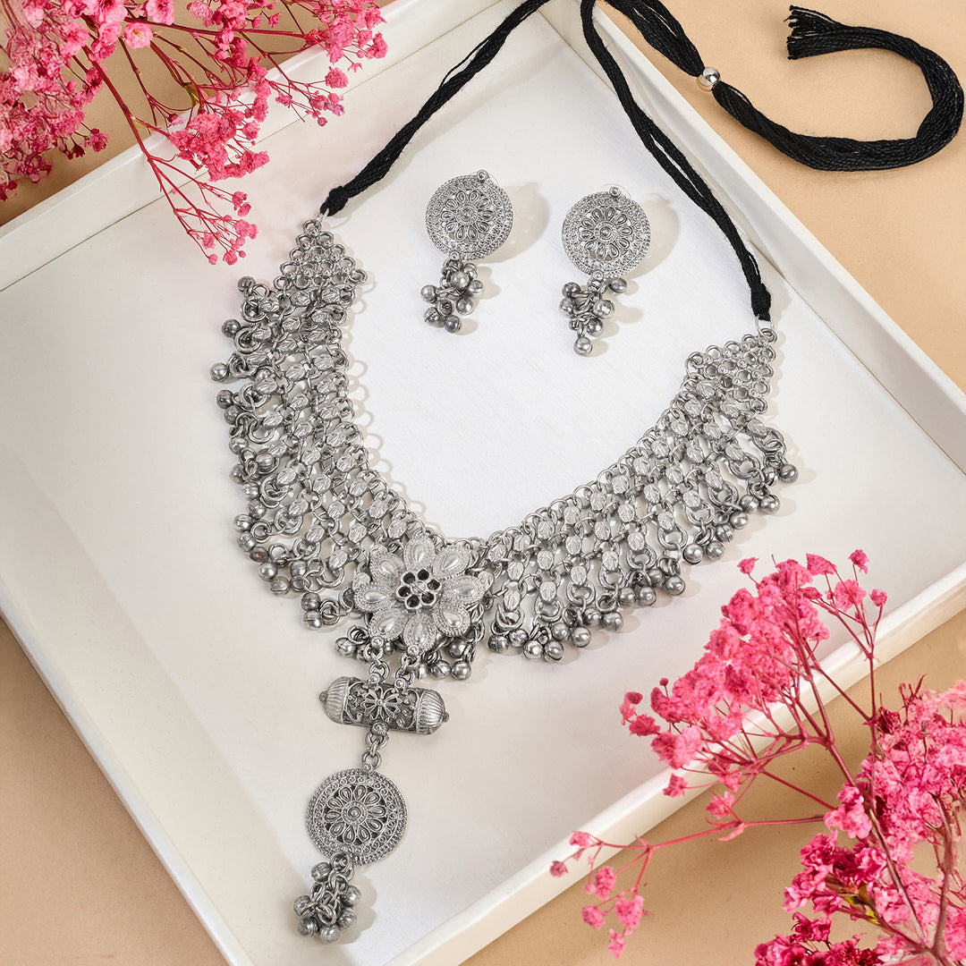 Teejh Taal Silver Oxidised Ghungroo Necklace Set