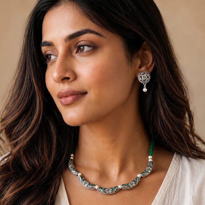 Teejh Saanhj Green  Silver Oxidised Necklace Set