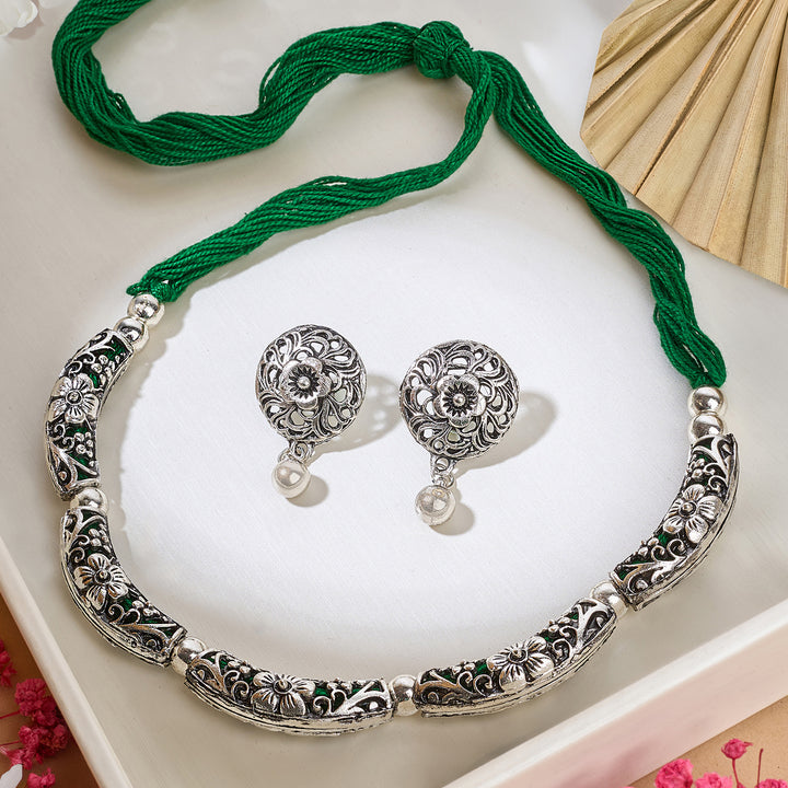 Teejh Saanhj Green  Silver Oxidised Necklace Set