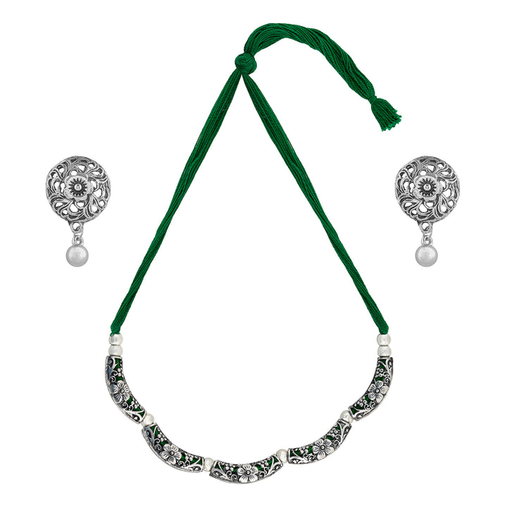 Teejh Saanhj Green  Silver Oxidised Necklace Set