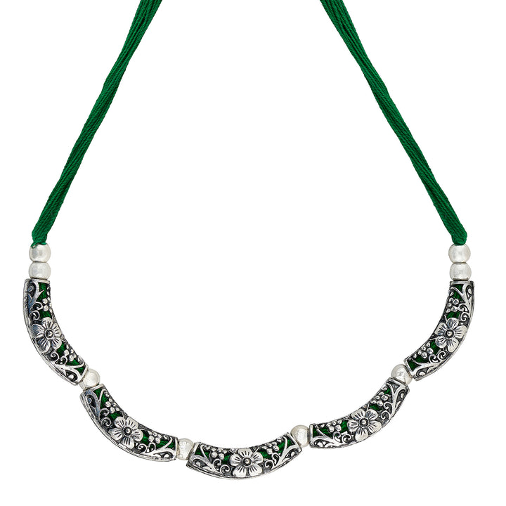 Teejh Saanhj Green  Silver Oxidised Necklace Set