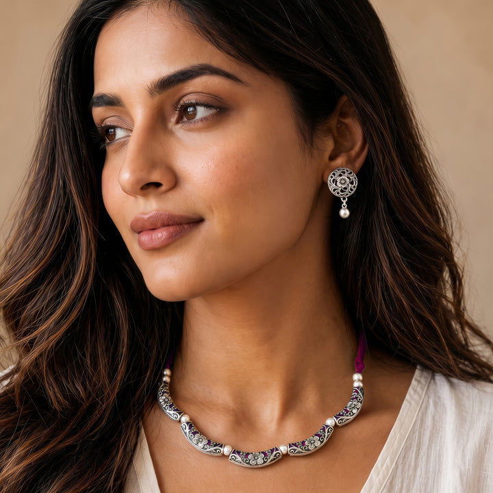Teejh Saanhj Pink Silver Oxidised Necklace Set