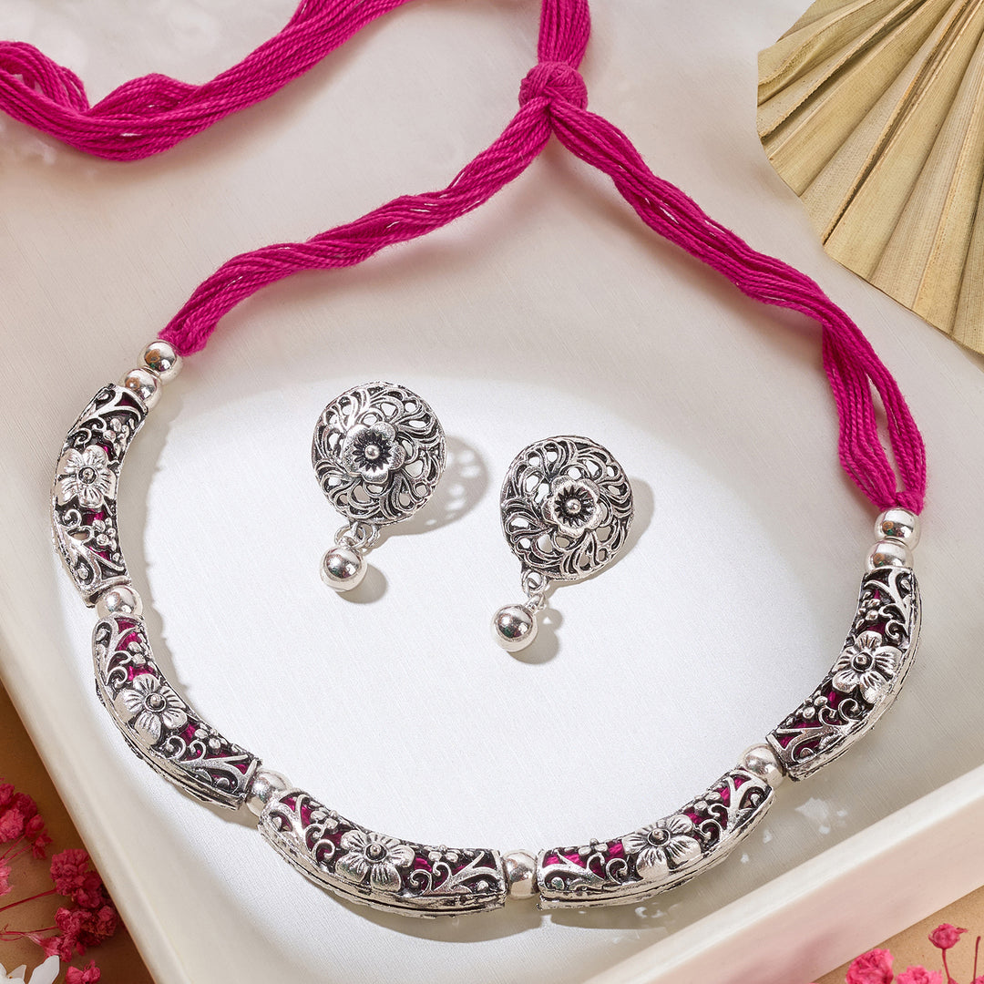 Teejh Saanhj Pink Silver Oxidised Necklace Set