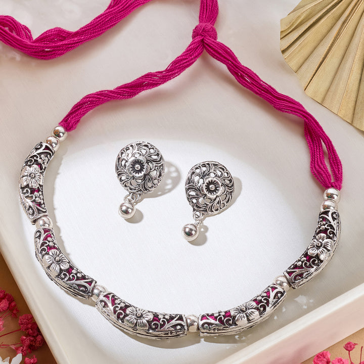 Teejh Saanhj Pink Silver Oxidised Necklace Set