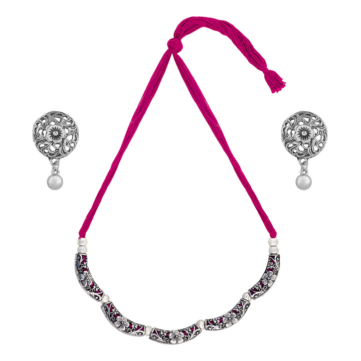 Teejh Saanhj Pink Silver Oxidised Necklace Set