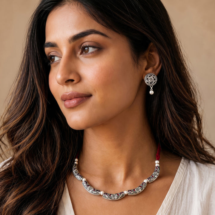 Teejh Saanhj Red Silver Oxidised Necklace Set