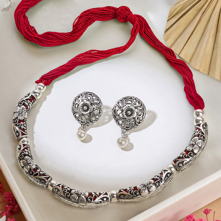 Teejh Saanhj Red Silver Oxidised Necklace Set