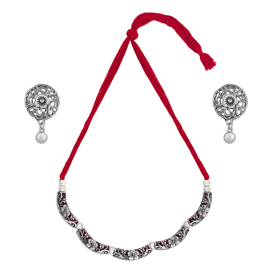 Teejh Saanhj Red Silver Oxidised Necklace Set