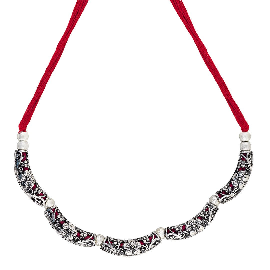 Teejh Saanhj Red Silver Oxidised Necklace Set