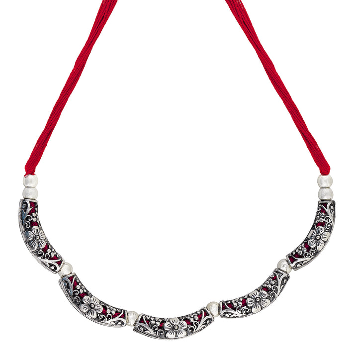 Teejh Saanhj Red Silver Oxidised Necklace Set