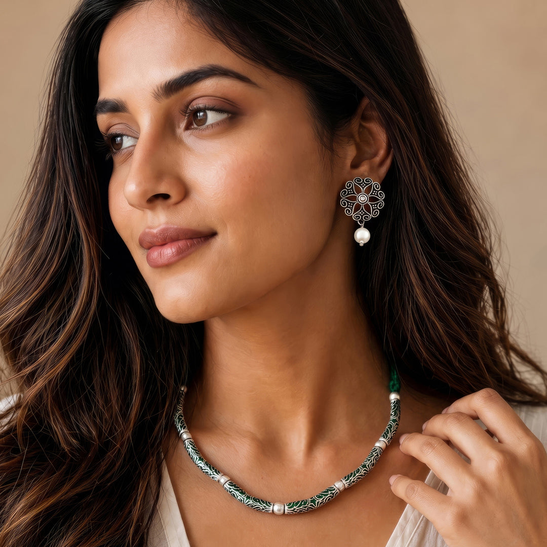 Teejh Naad Green Silver Oxidised Necklace Set