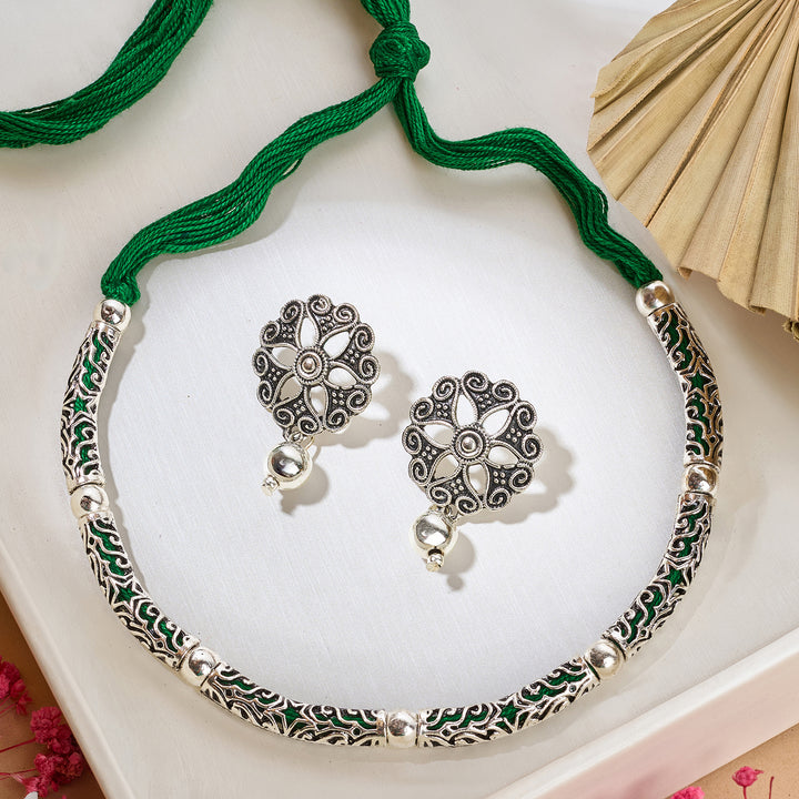 Teejh Naad Green Silver Oxidised Necklace Set