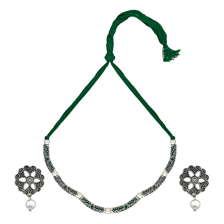 Teejh Naad Green Silver Oxidised Necklace Set