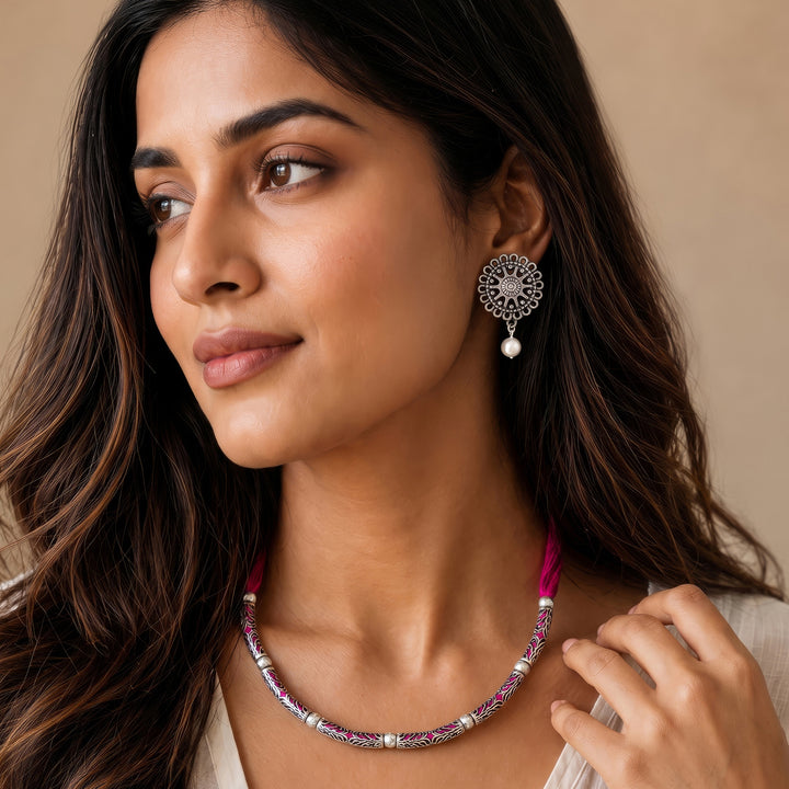 Teejh Naad Pink Silver Oxidised Necklace Set