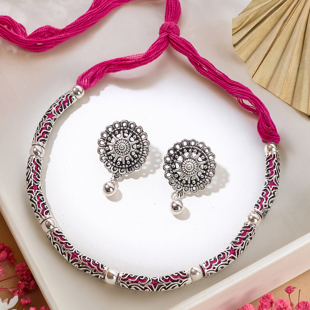 Teejh Naad Pink Silver Oxidised Necklace Set