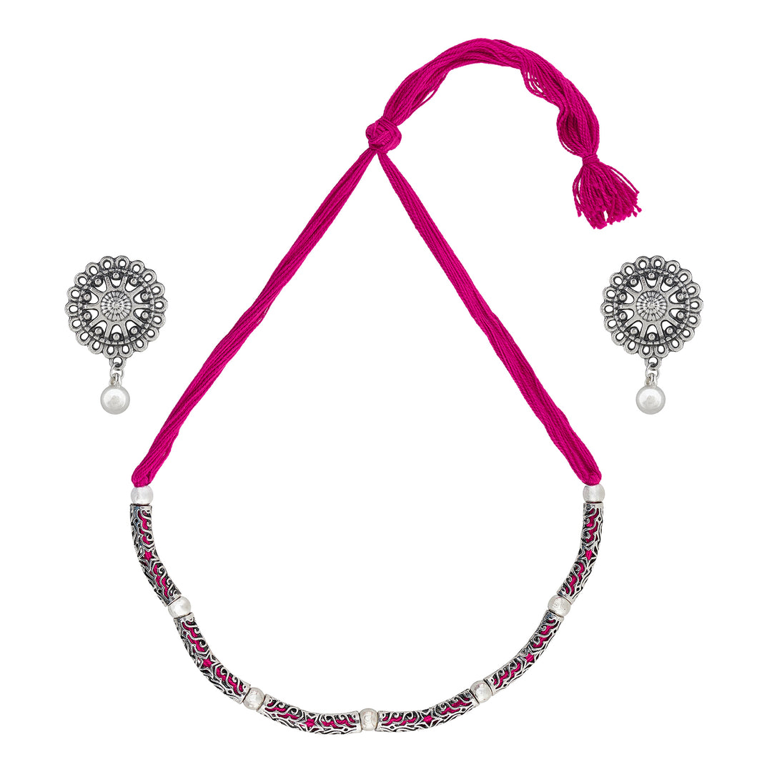 Teejh Naad Pink Silver Oxidised Necklace Set