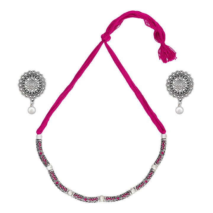 Teejh Naad Pink Silver Oxidised Necklace Set