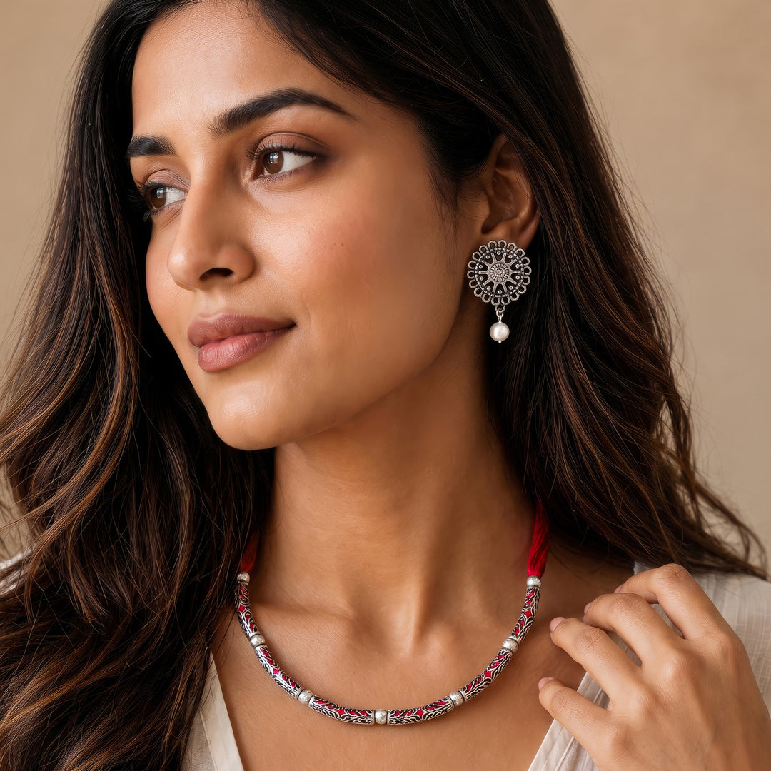 Teejh Naad Red Silver Oxidised Necklace Set