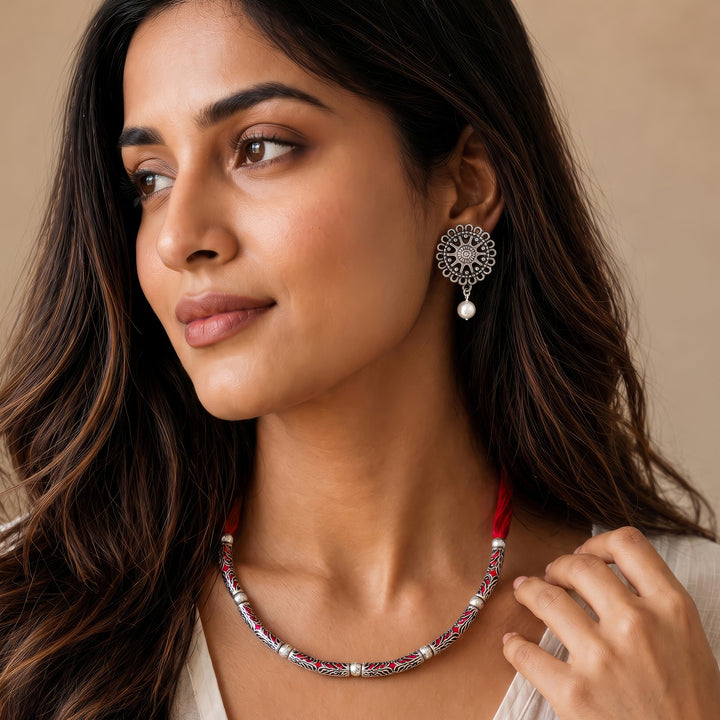 Teejh Naad Red Silver Oxidised Necklace Set